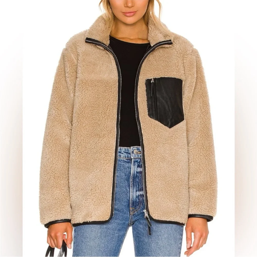 Anine Bing Ryder Jacket Sherpa Women's Med Tan Black Full Zip Pockets‎